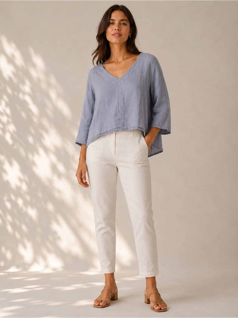 Bryn Walker Dusty Blue V-Neck 100% Linen Made in USA Top size Medium